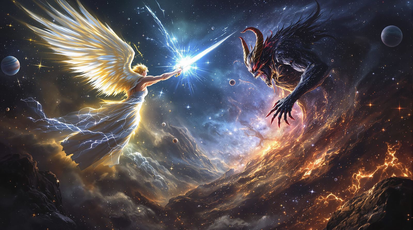 Celestial Battle: Angel vs Demon Amidst Cosmic Dust