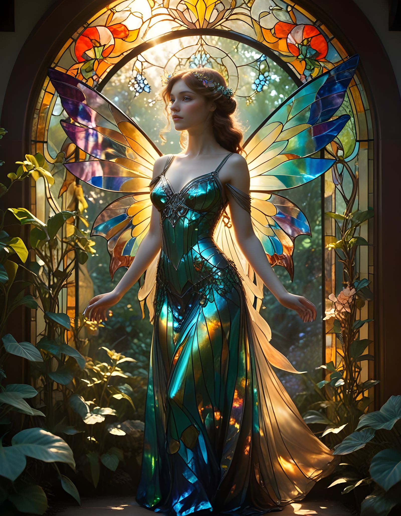 Iridescent Fairy in Stained Glass Glory