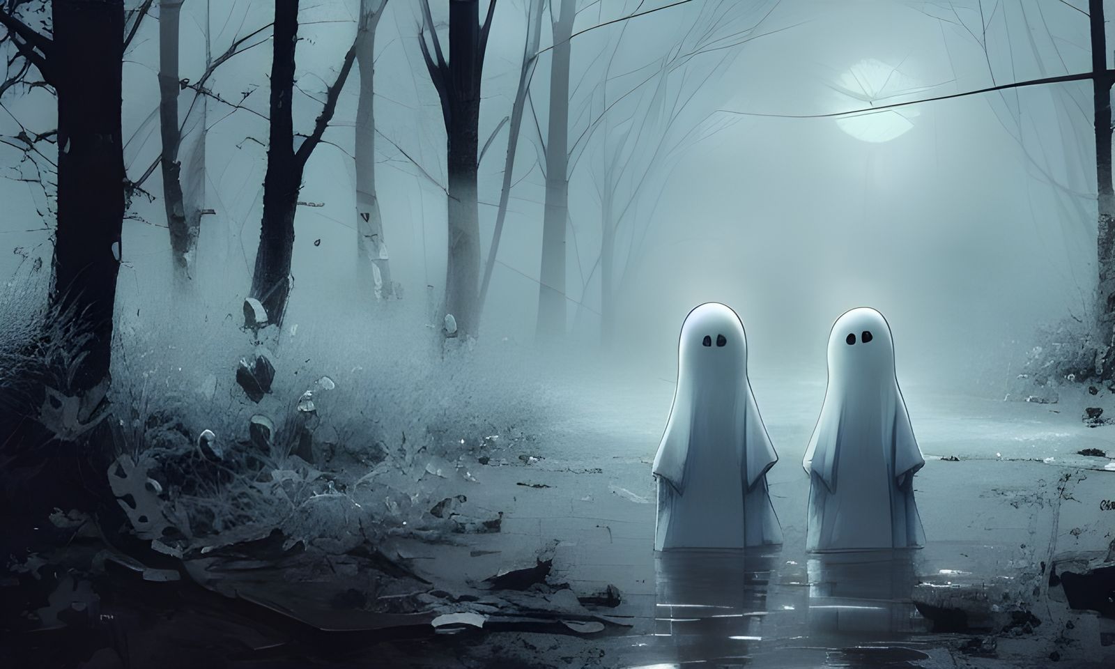 Delicate White Ghosts Holding Hands: Digital Illustration