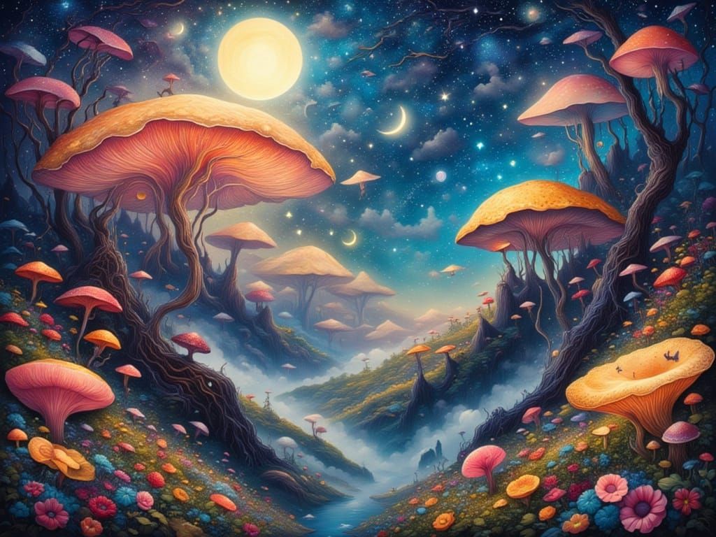 Fantastical Mushroom Collage with Prism Colors