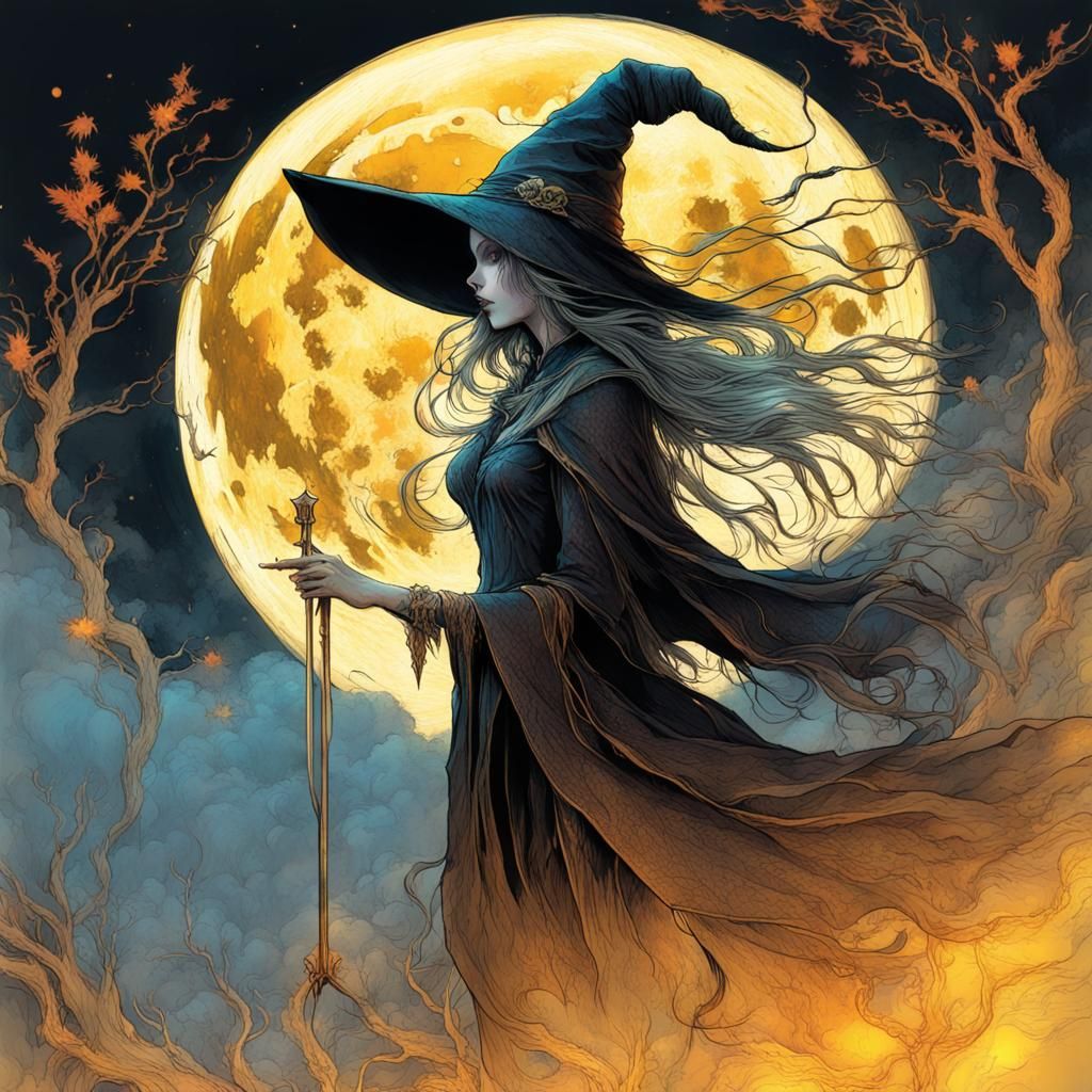 Beautiful Witch Under Golden Moon in Fantasy Style
