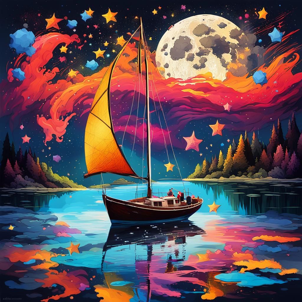 Dreamscape: Boat on Multicolored River in Graffiti Style