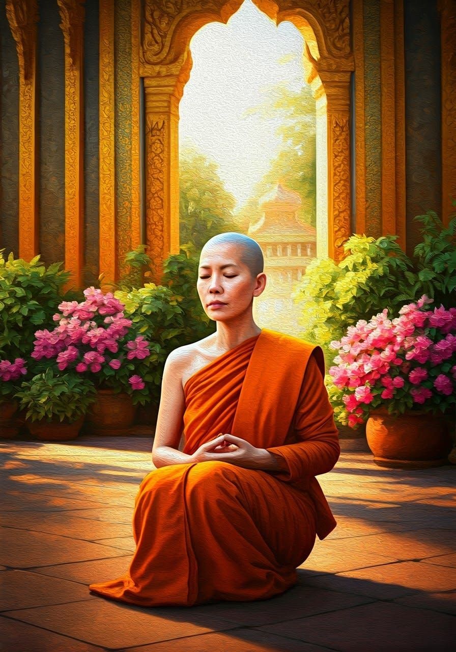 Serene Nun in Thai Temple Garden, in James Gurney Oil Painti...