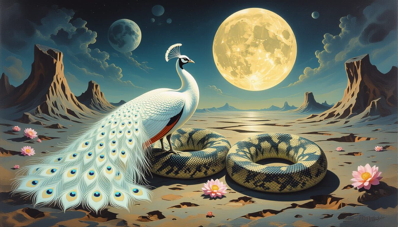 Ghostly White Peacock and Python on Lunar Landscape