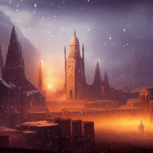 Snowy Ancient City at Night in Detailed Matte Painting