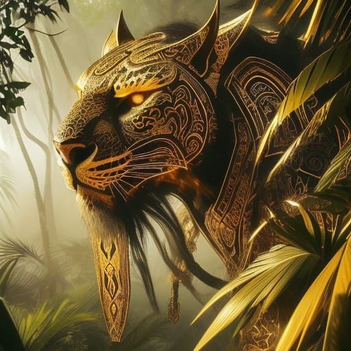 Jaguar-Headed Warrior in Ornate Armor, Jungle Setting
