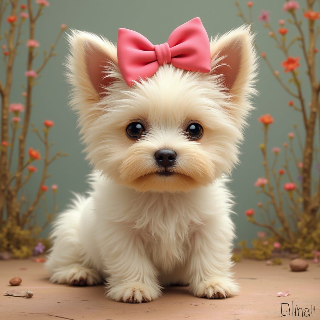 Dog with Pink Bow in Beatrix Potter Style
