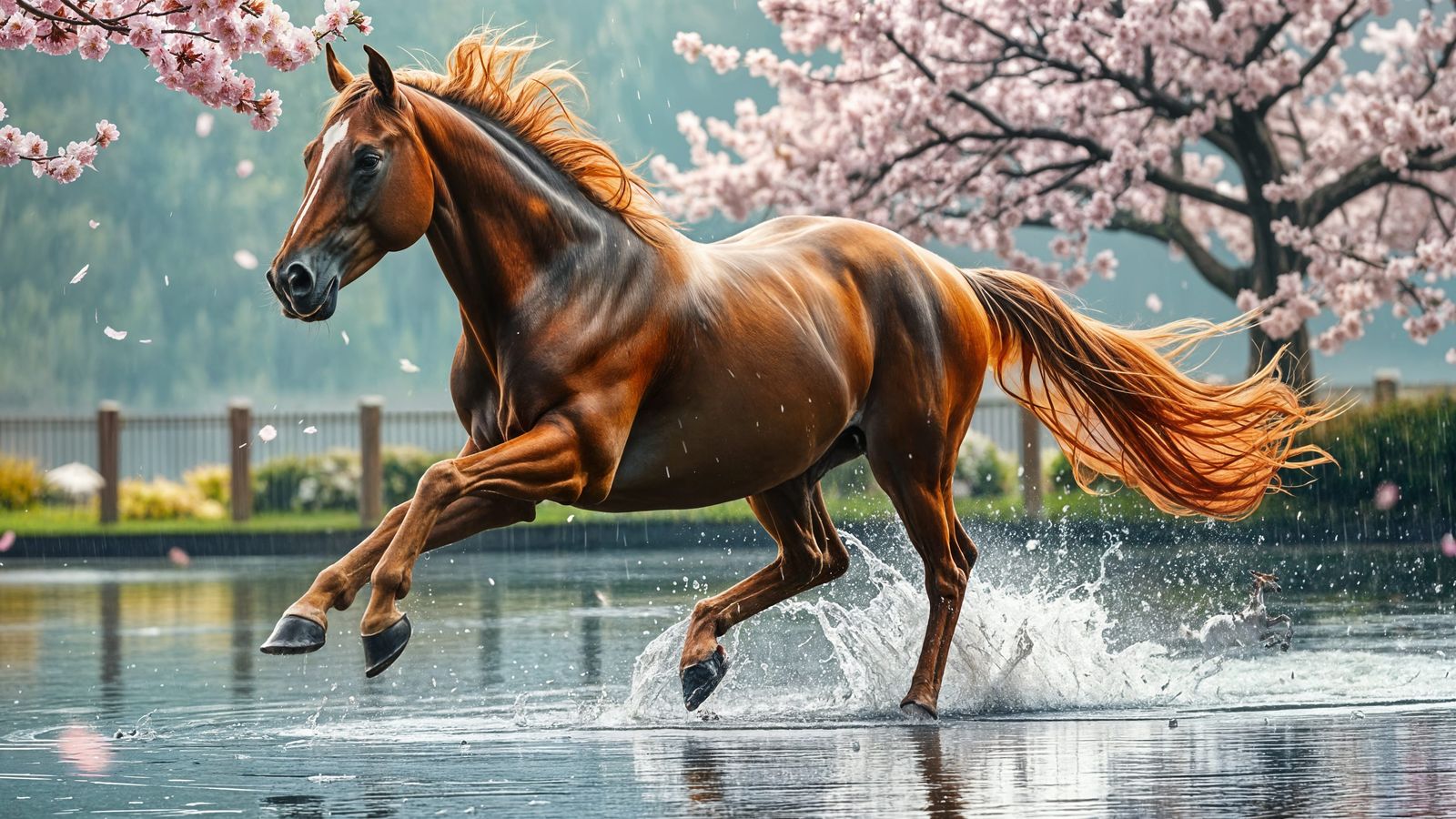 Horse Gallops Through Spring Rain with Cherry Blossoms