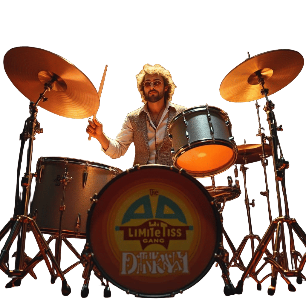 Retro Drummer Performs in Vibrant 1970s Rock Style