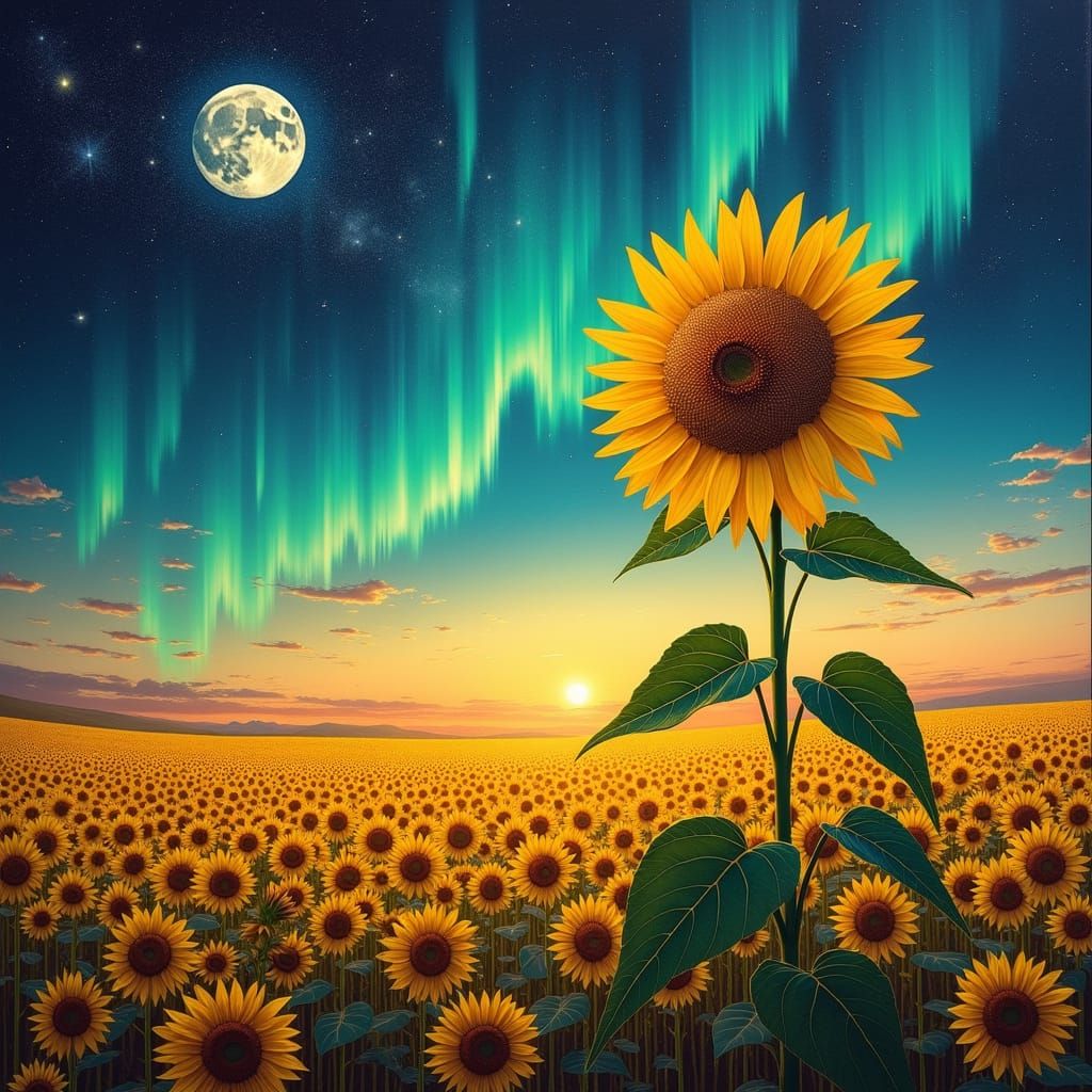 Aurora Borealis over Defiant Sunflower Field