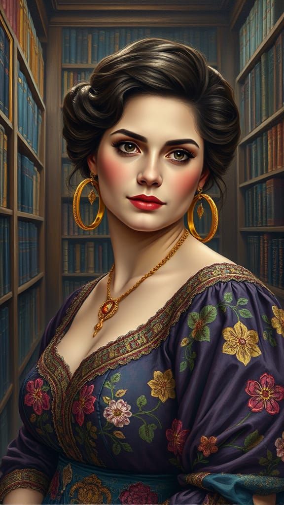 Victorian Woman in Library: Polychromatic Oil Painting