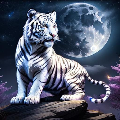 Fantasy White Tiger Under Starry Night