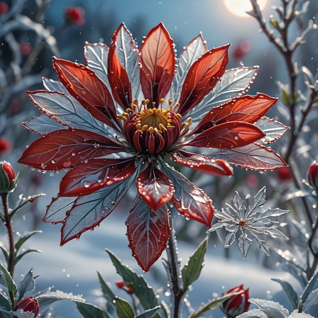 Red Stained Glass Flower in Winter Snow: Digital Art