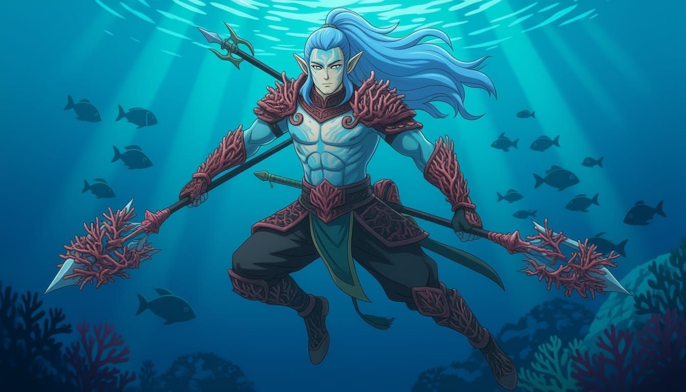 Aquatic Sea Elf Knight in Deep Ocean