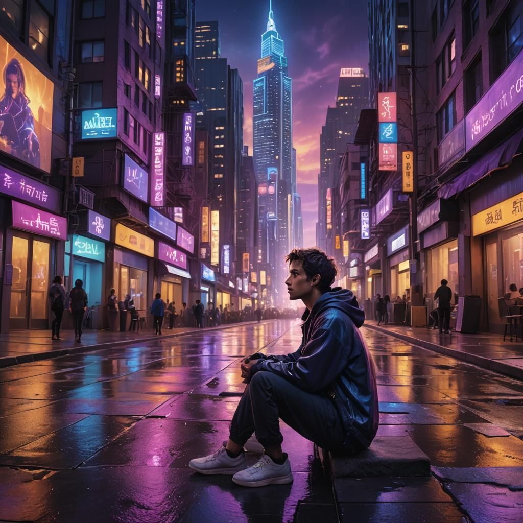 Dystopian Cityscape: Hopeful Gaze in Neon Light