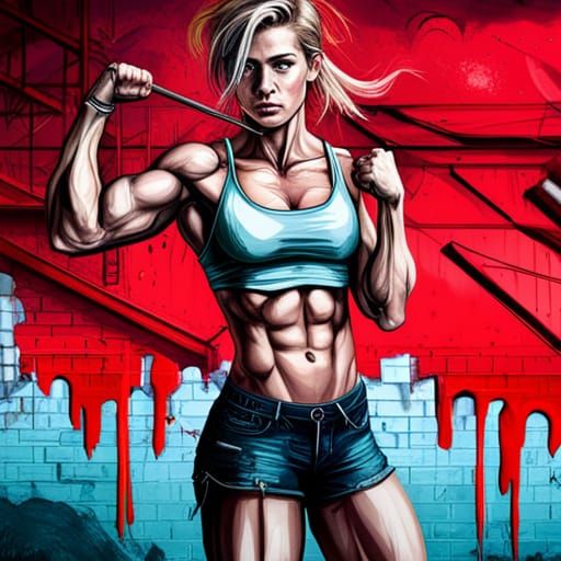 Muscular Blonde Woman Flexing in Graffiti Art Style