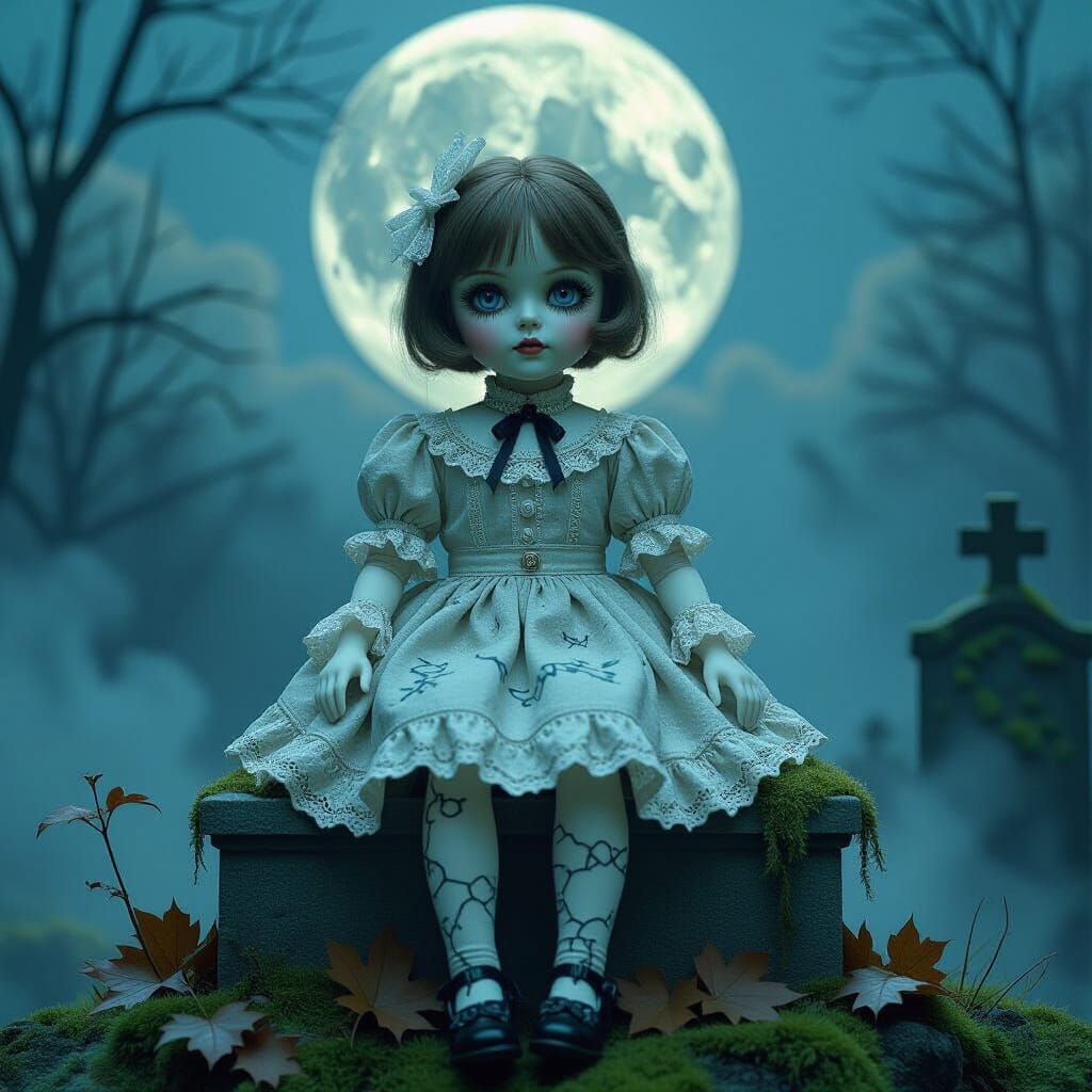 Cracked Porcelain Doll on Headstone in Gothic Horror Style