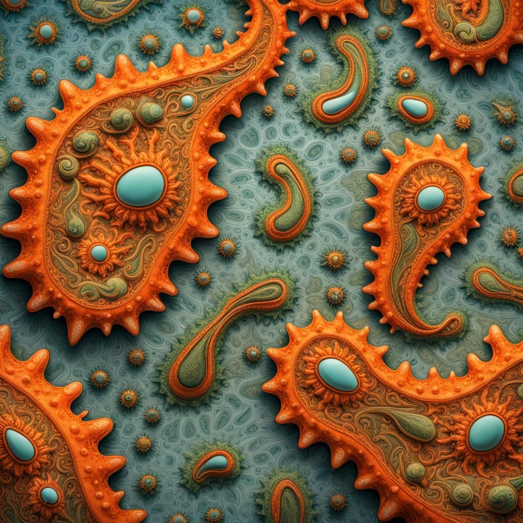 Amoeba Paisley Pattern in Orange, Blue, and Green