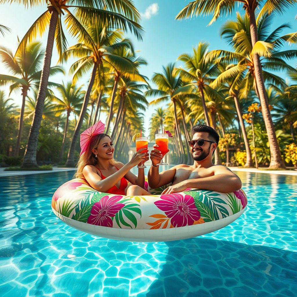 Couple Enjoying Cocktails in Tropical Pool Oasis