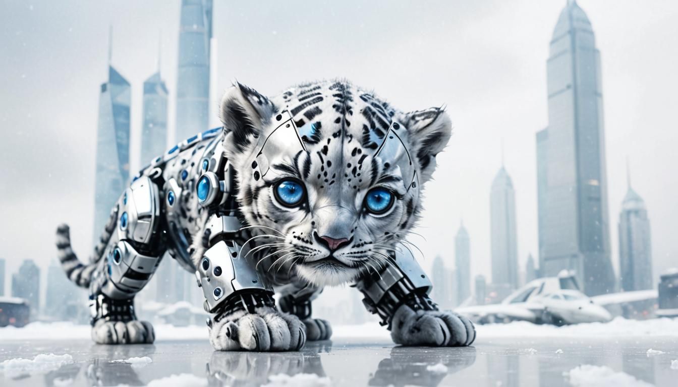 Snow Leopard Cyborg on Futuristic Plane