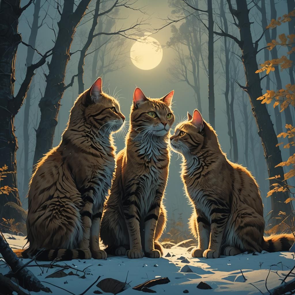 Cats Touching Noses in Moonlit Forest, Digital Painting