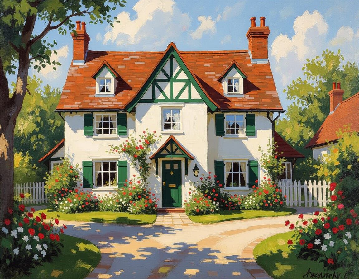 Charming English Tudor Home with Flower Gardens as Oil Paint...