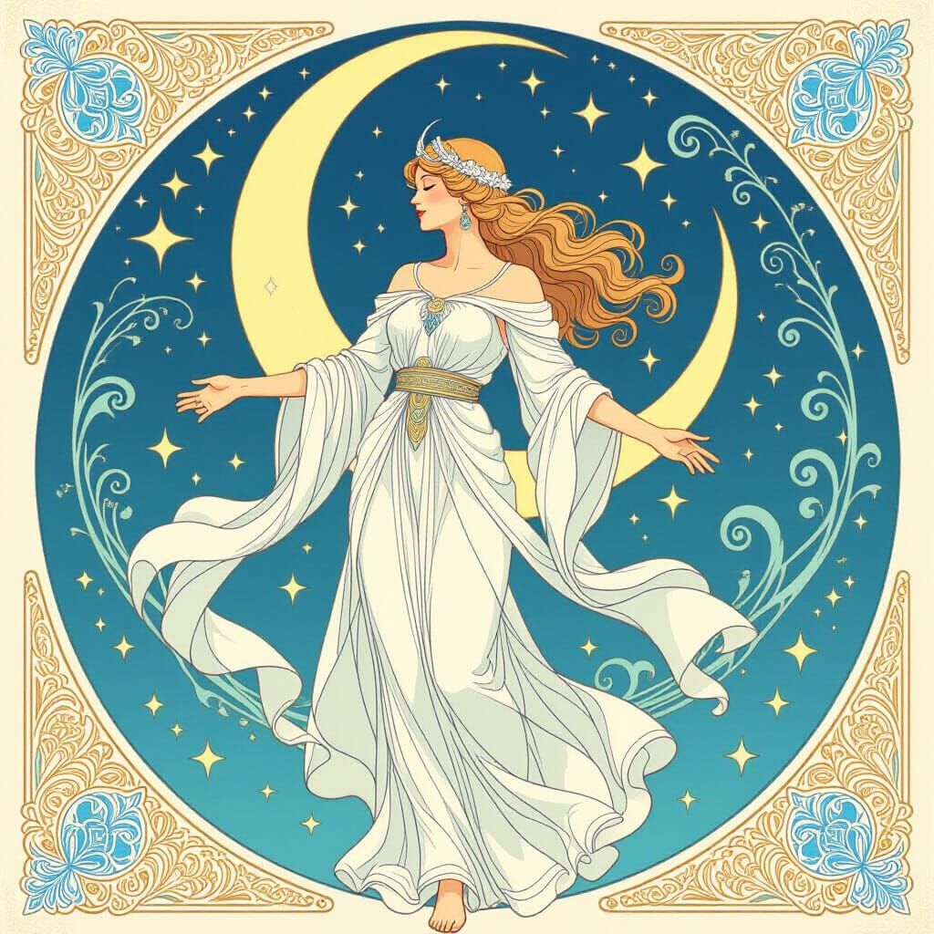 Moon Goddess in Alphonse Mucha Inspired Style