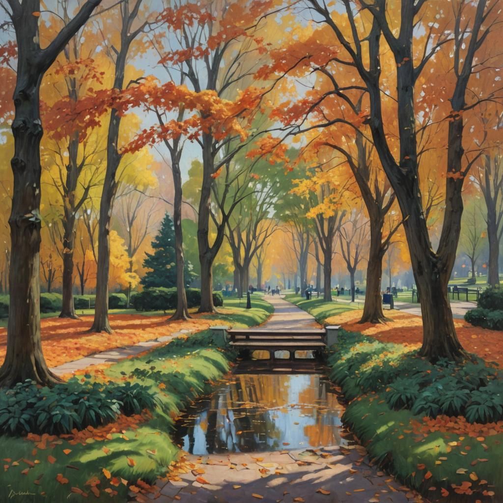 Autumn Park in Impressionistic Oil Painting Style