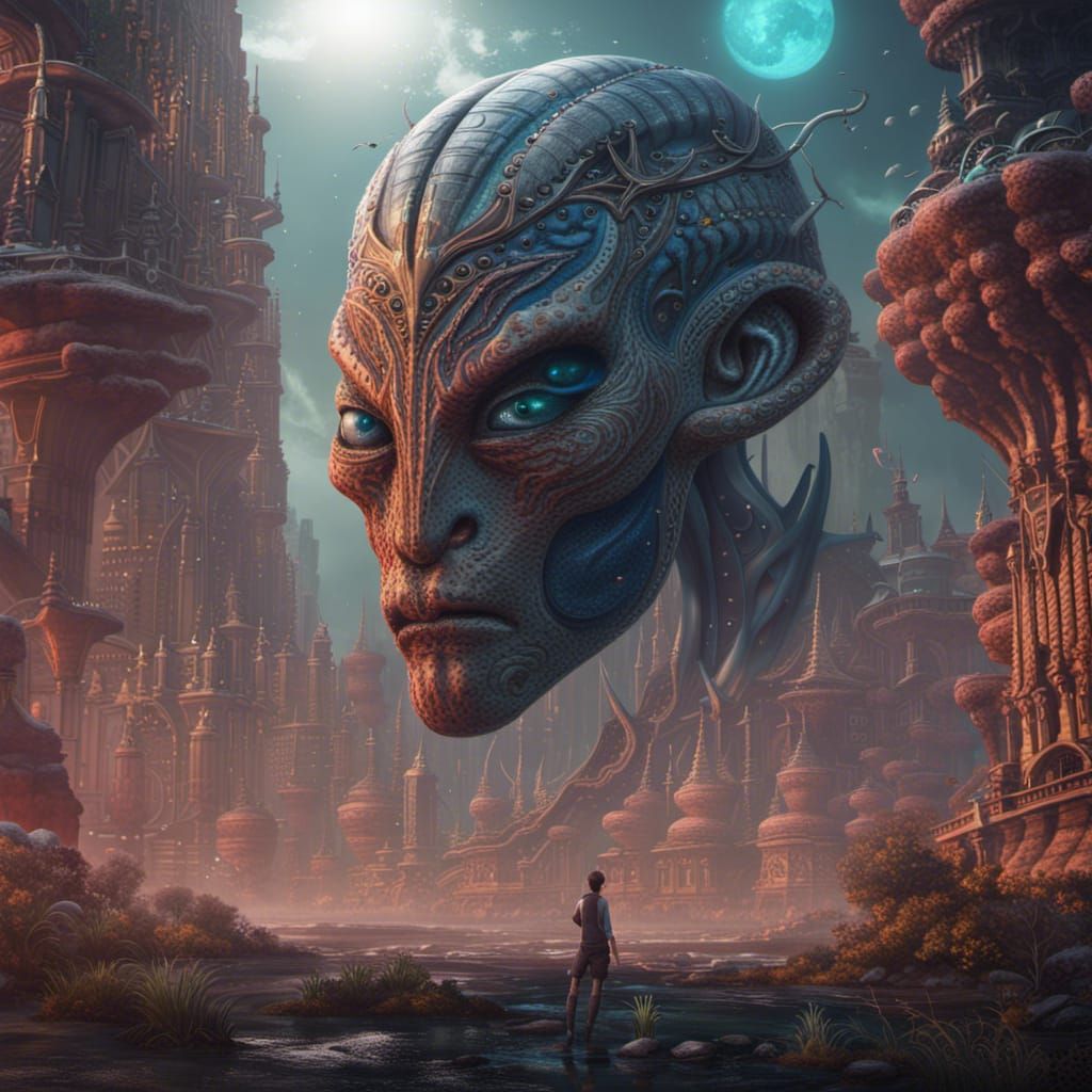 Half-Human, Half-Alien AI: Detailed Matte Painting