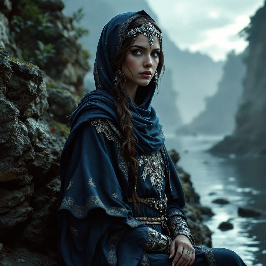 Celtic Iberian Woman on River Bank in Fantasy Art Style