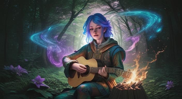 Cosmic Bard and Bonfire in Astral Forest