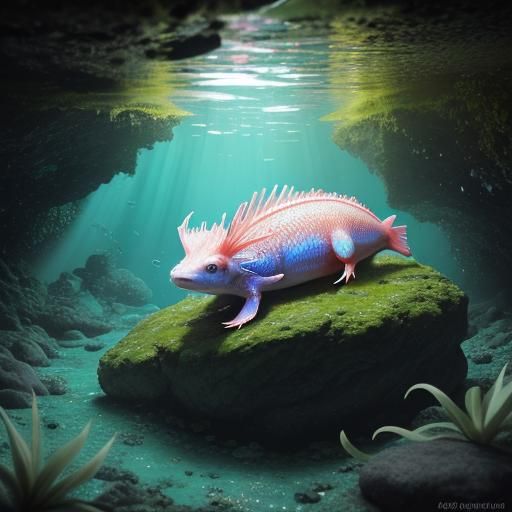 Axolotl in Underwater Cave: Macro Photography