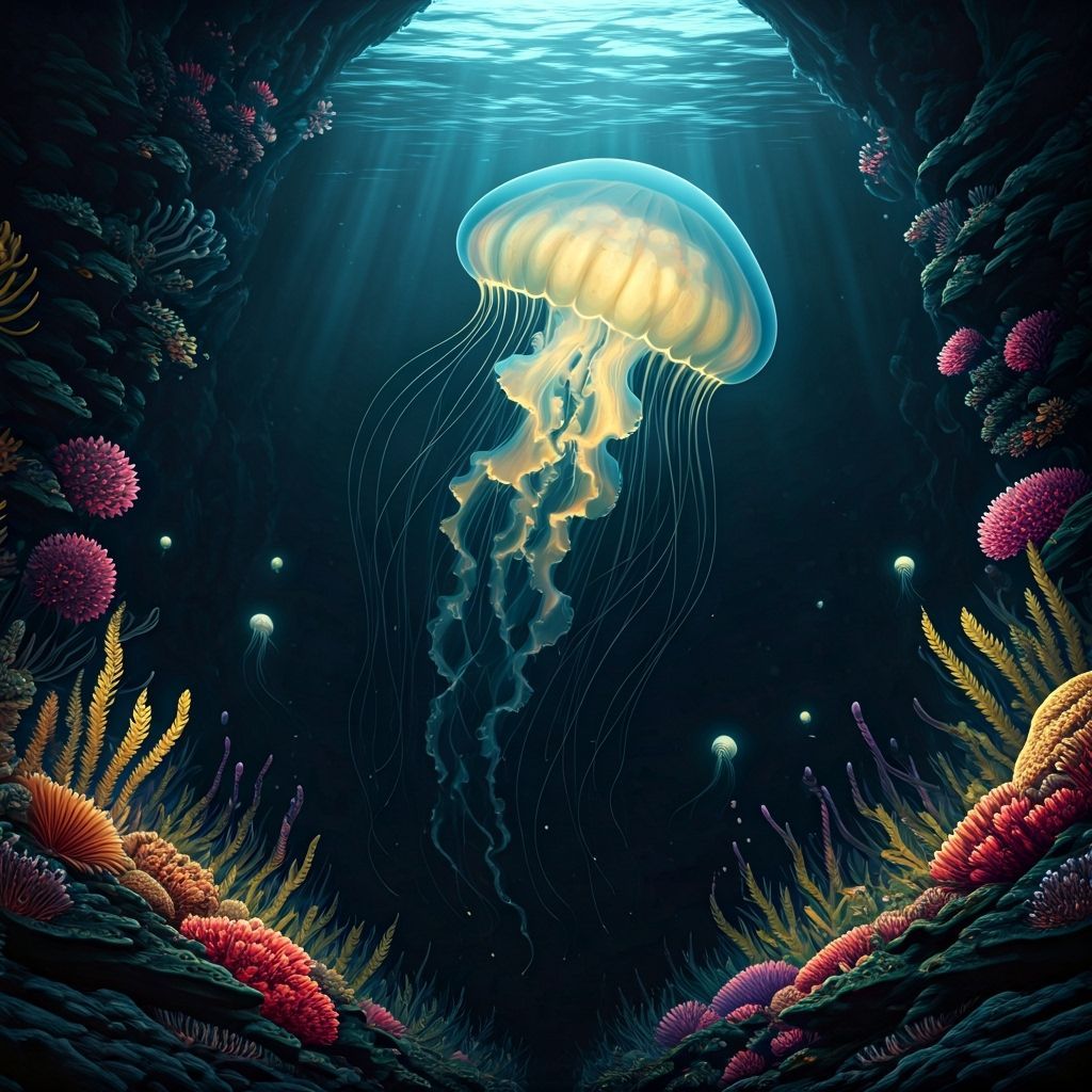 Bioluminescent Jellyfish in Ocean Trench: Digital Painting