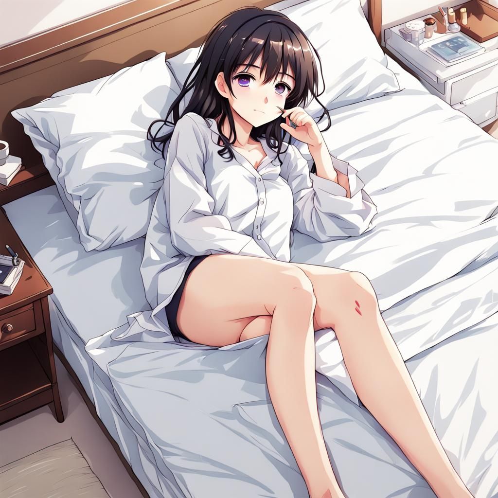 Anime Girl Relaxing on Bed, Manga Style