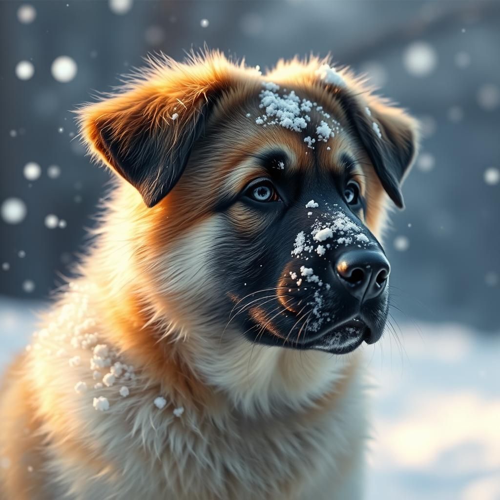 Anatolian Shepherd Puppy in Snow, Hyperrealistic Splash Art