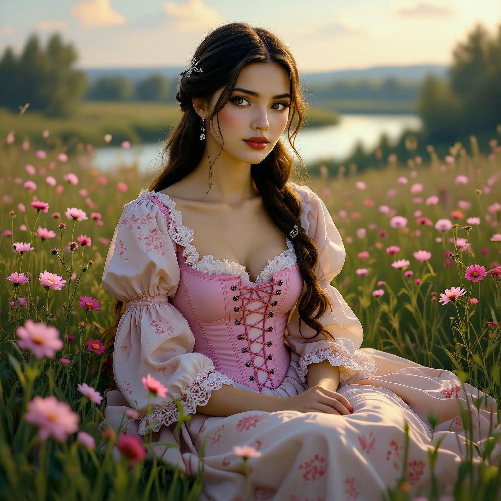 Romantic Woman in Flower Meadow, Hyperrealistic Art Nouveau