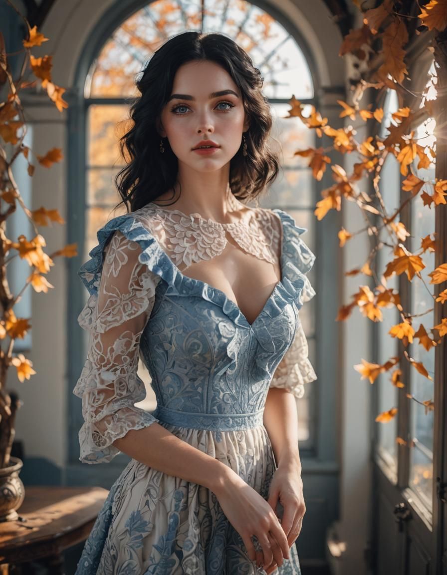 Beautiful Woman in Frill Dress, Autumn Sunlight