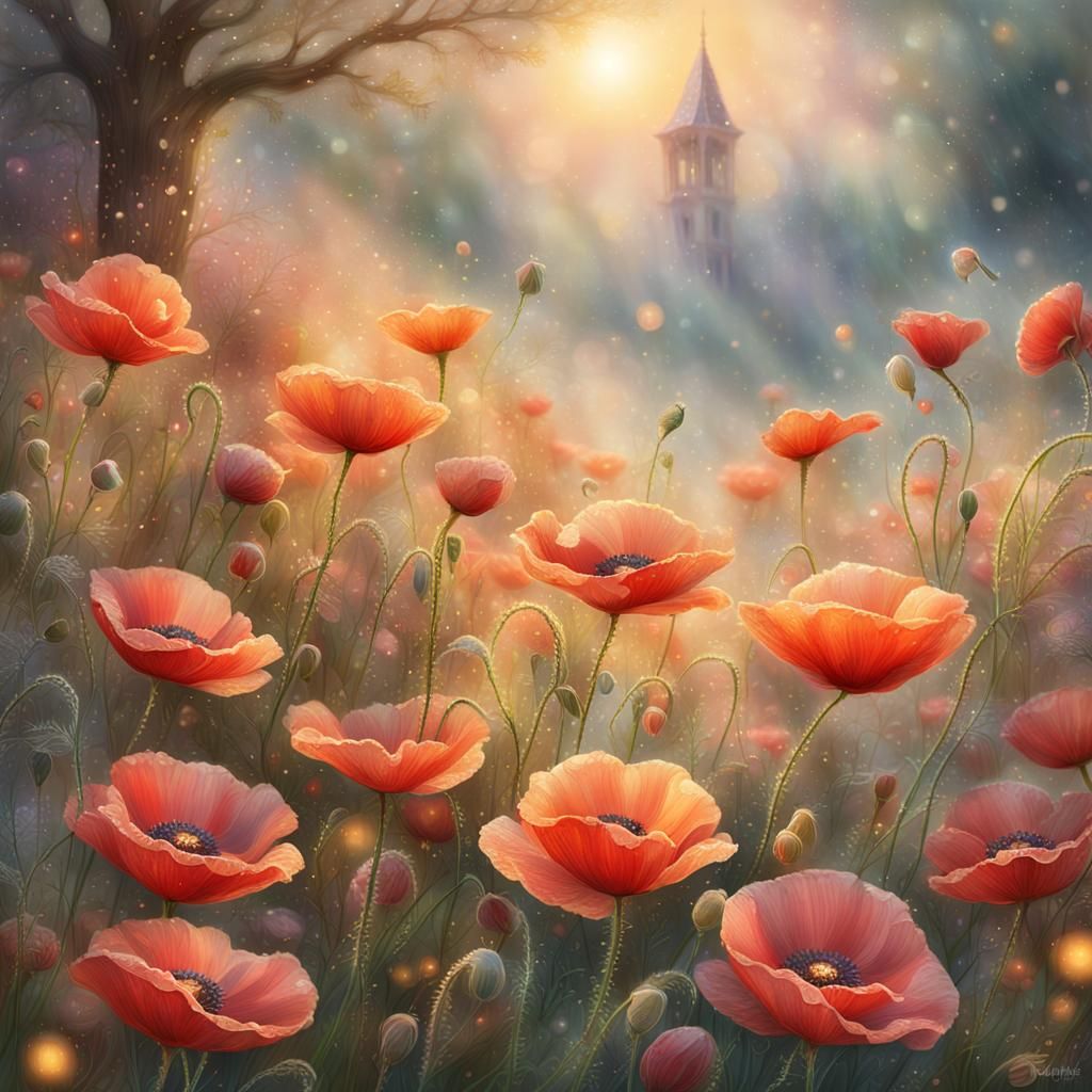 Poppyheads in Whimsical Garden, Fantasy Realism