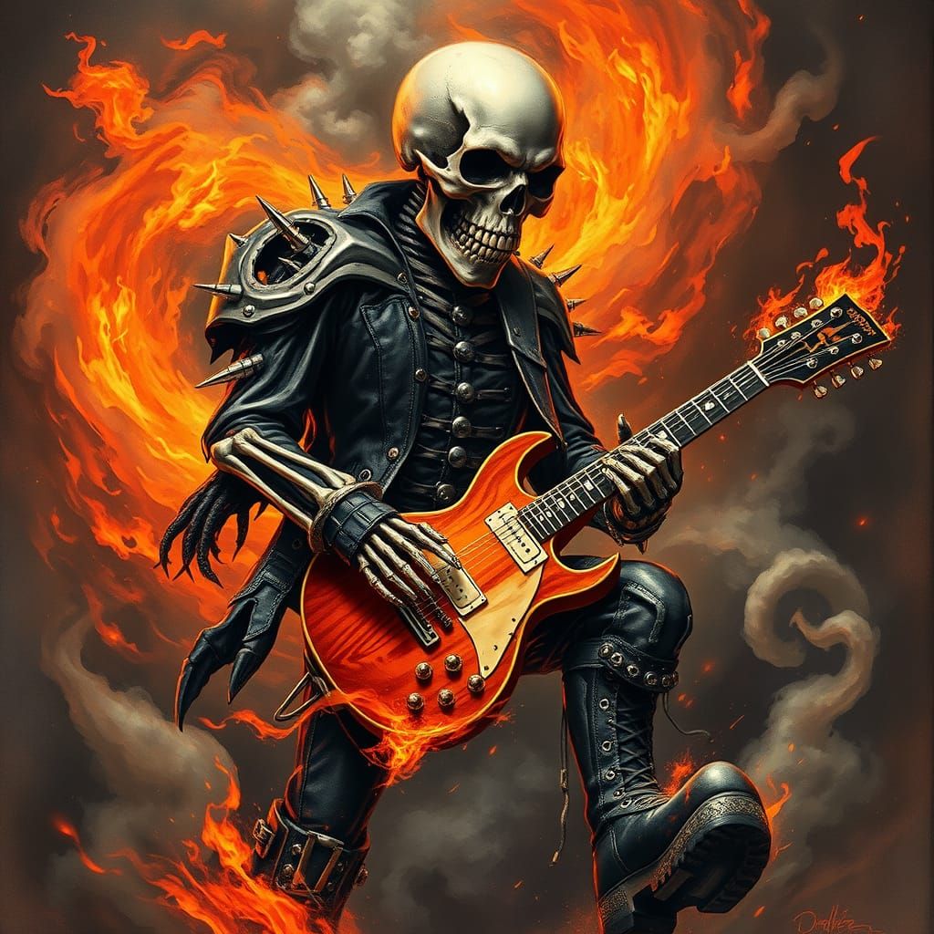 Skeletal Musician Unleashes Frenzied Energy with Electric Gu...
