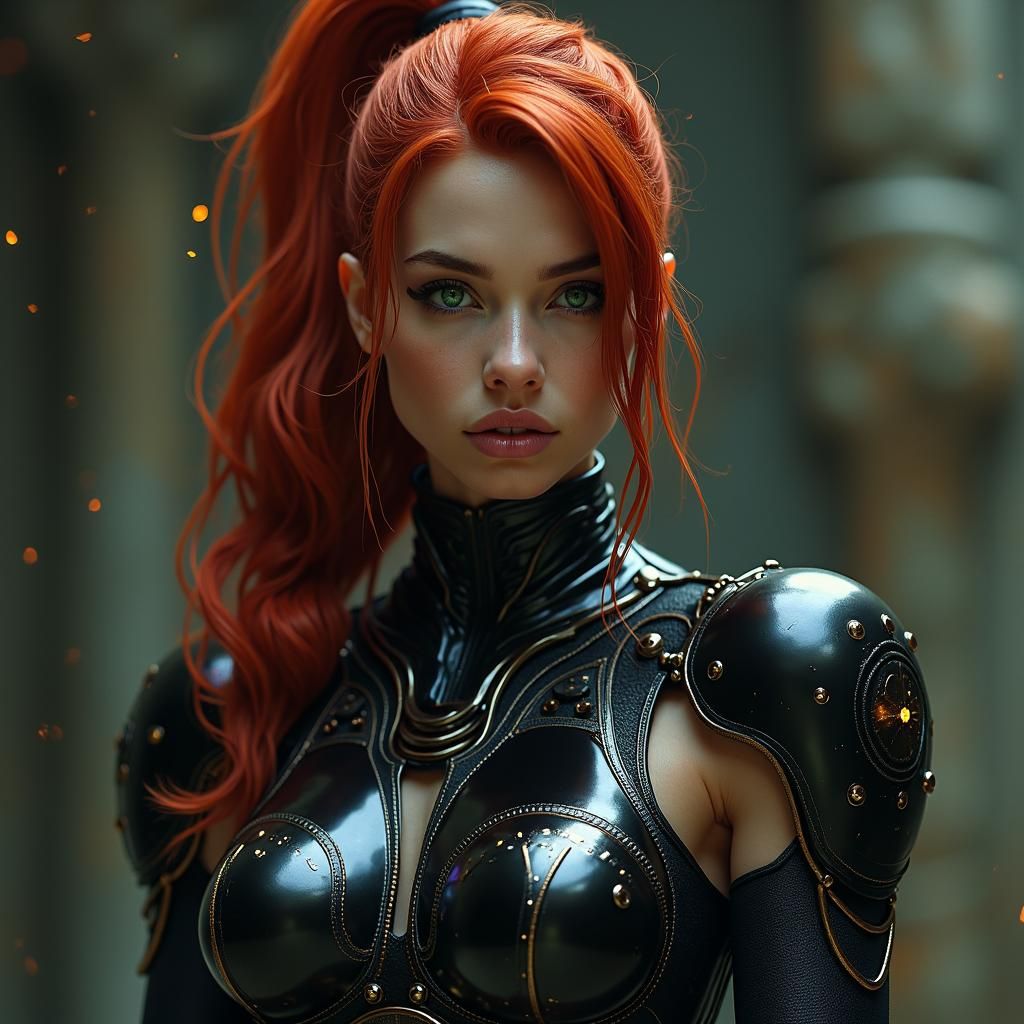 Tomboy Warrior in Latex Armor: Dark Sci-Fi Art Nouveau
