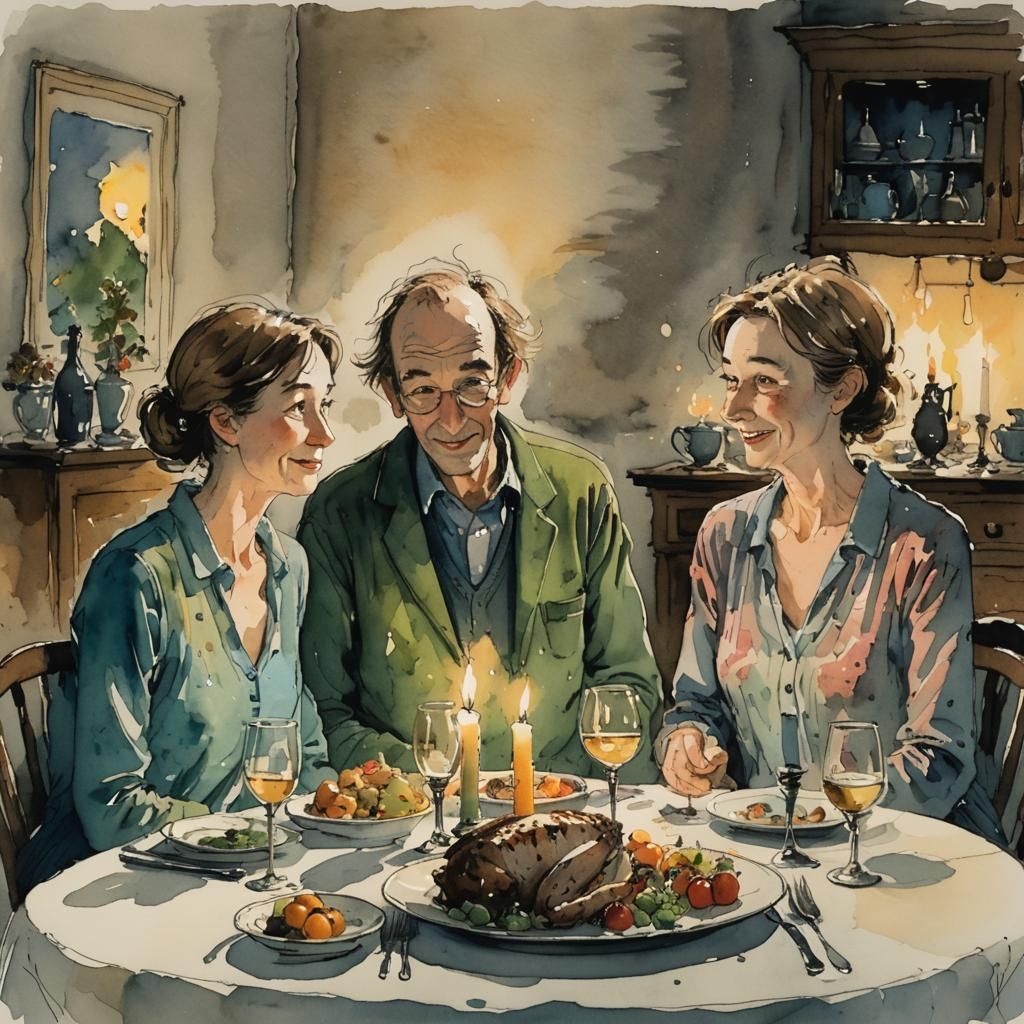 Romantic Candlelit Dinner in Quentin Blake Style