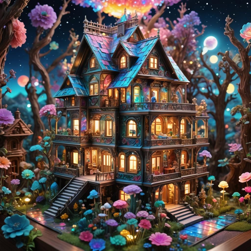 Crystal Dollhouse Family in Surreal Landscape