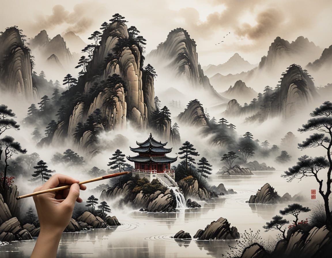 Traditional Asian Art: Mountain Landscape Unfolds