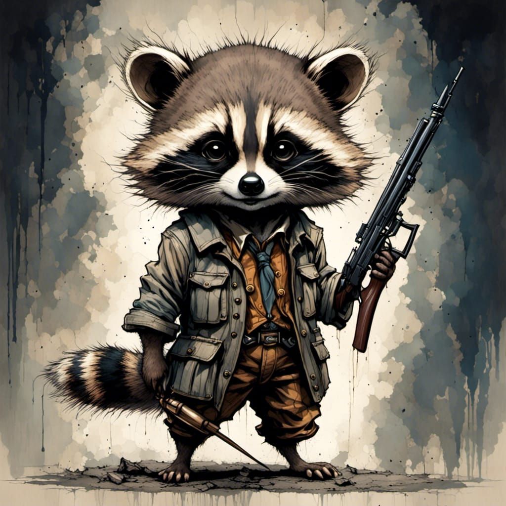 Pixar Style Raccoon Caricature with Guns and Ammo