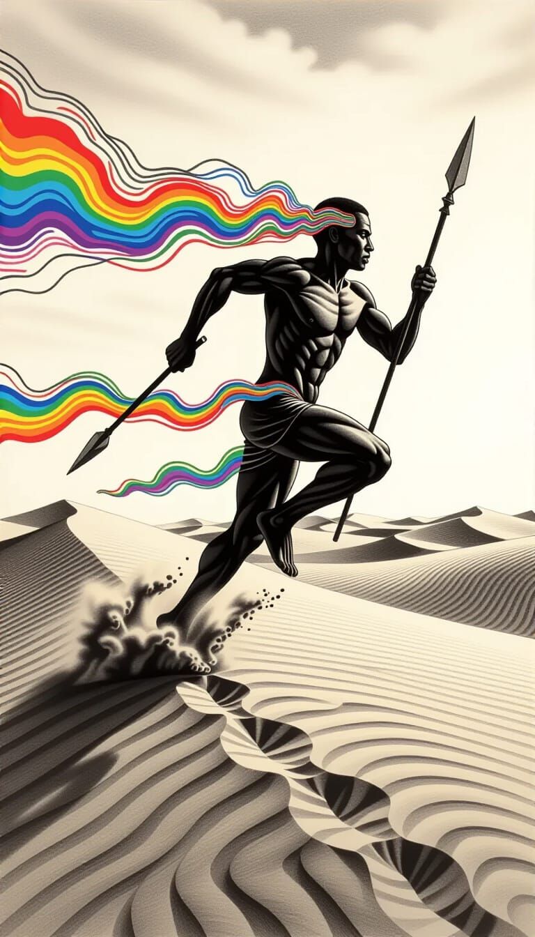 Detailed Charcoal Figure Ascends Sandy Dune with Rainbow Tra...