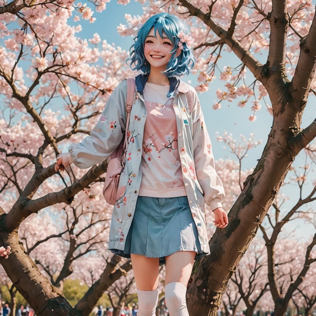 Anime Girl with Blue Hair in Ghibli Style
