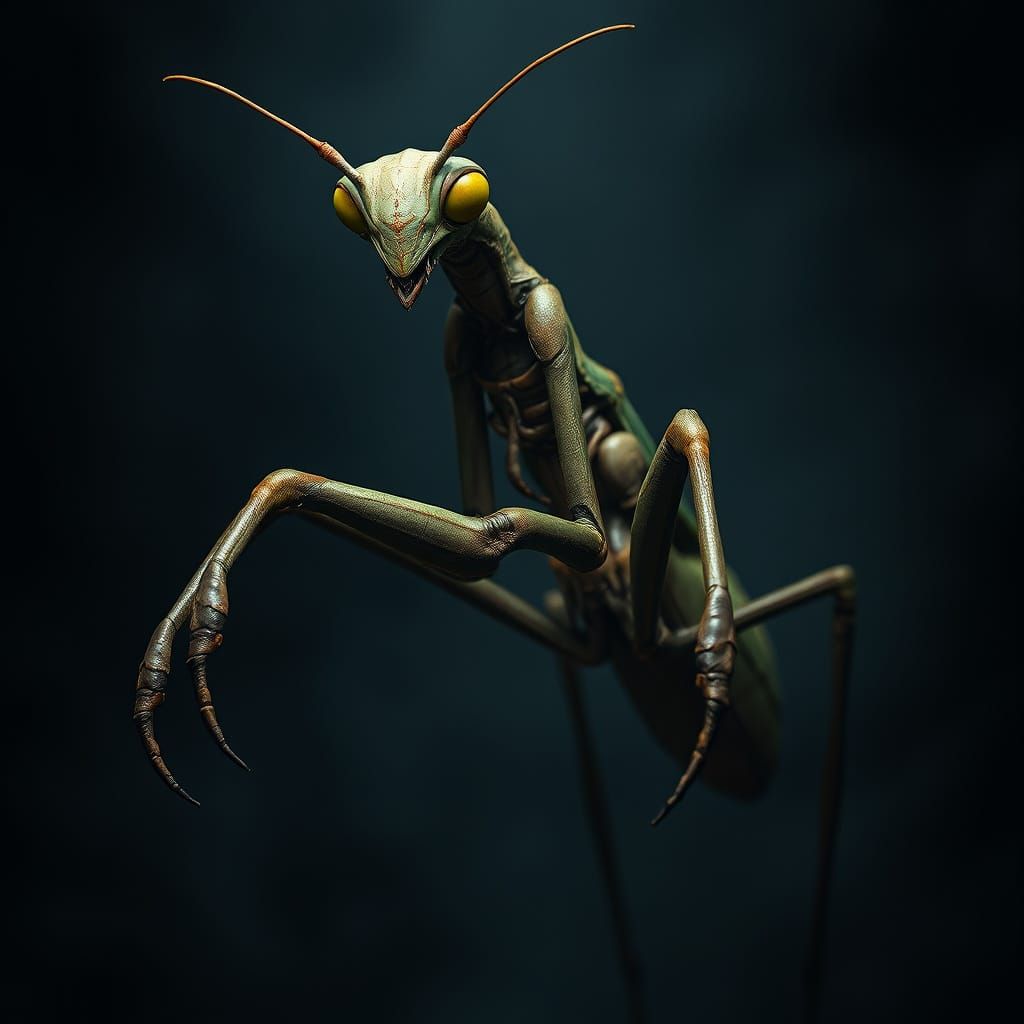 Mantis-Humanoid in Dark Eerie Landscape