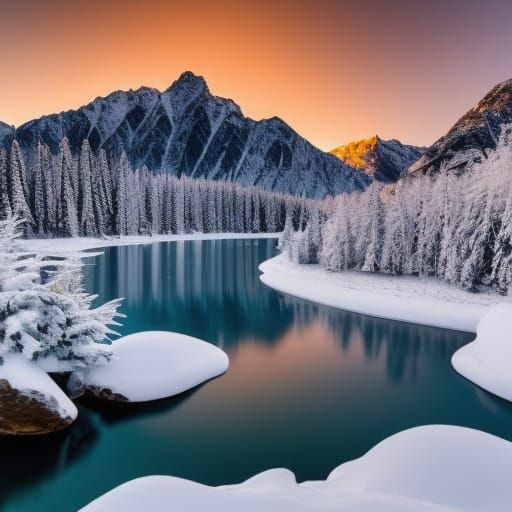 Snow-Covered Mountains and Crystal Lake in Sharp Focus