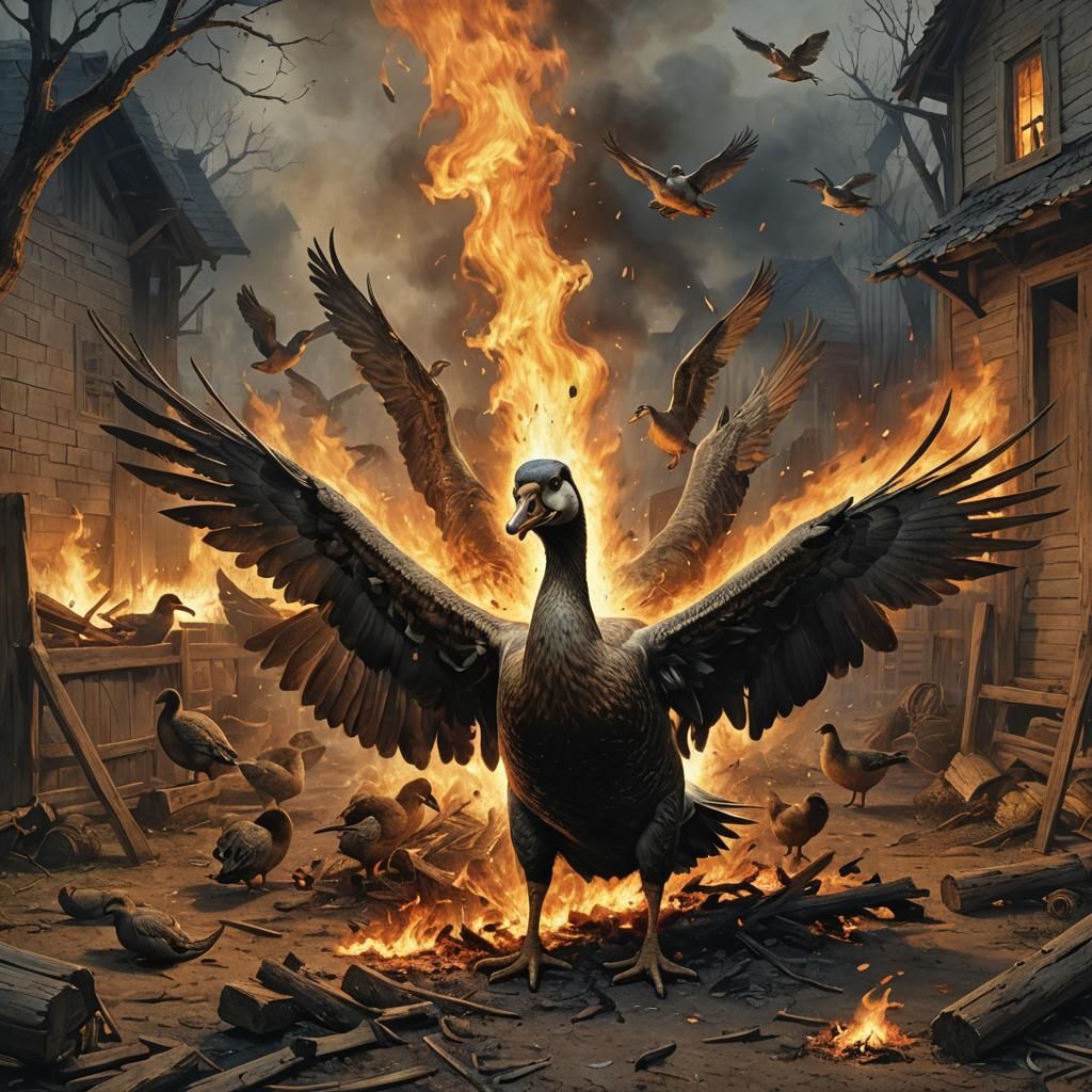 Furious Goose in Burning Farmyard Scene
