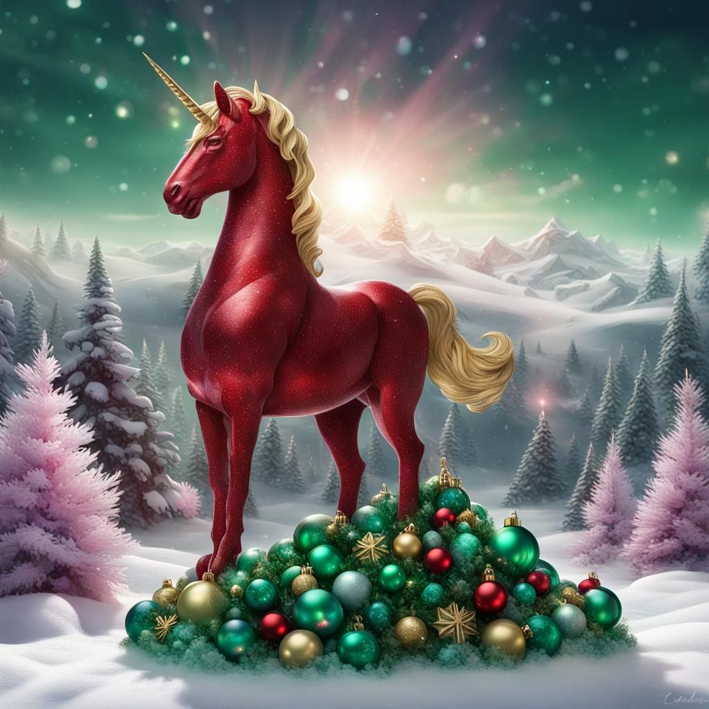 Glittery Christmas Unicorn on Snowy Mountain